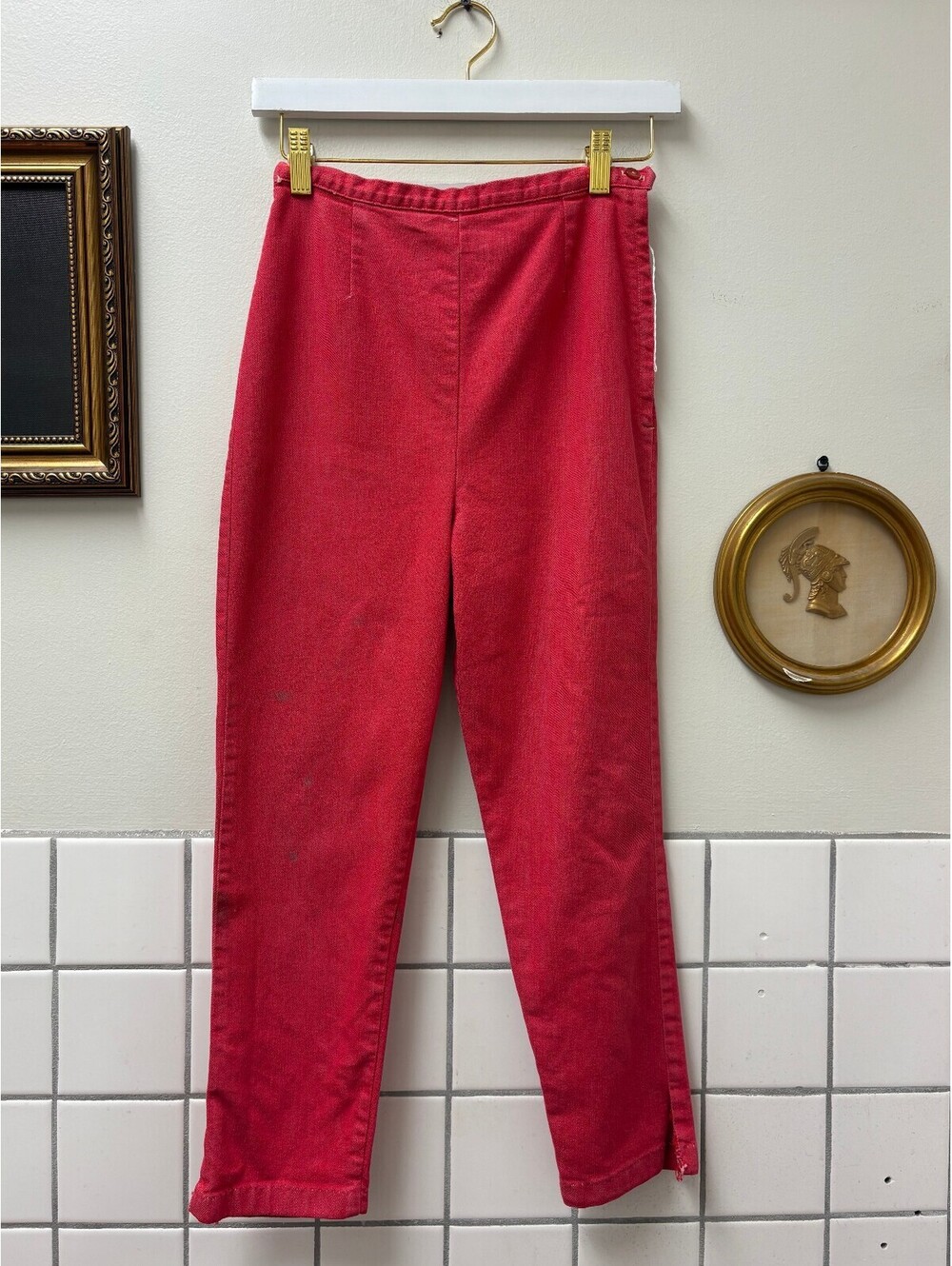 1950s Vintage Red High-Waisted Cotton Pants with Side Zipper and Button Details